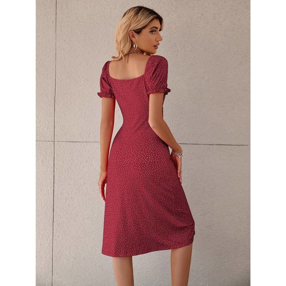 Polka Dot Puff Sleeve Tie Front Ruched Bust Slit Hem midi Dress red - Picture 2 of 11